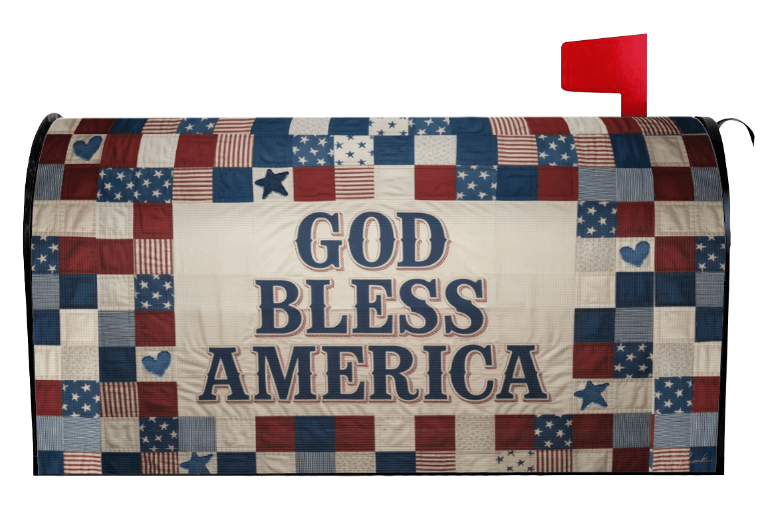 God Bless America Americana quilt mailbox cover right view, Holy Smoak Studios wholesale Christian décor