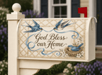 Holy Smoak Studios God Bless Our Home bluebird garden magnetic mailbox cover on white mailbox, wholesale