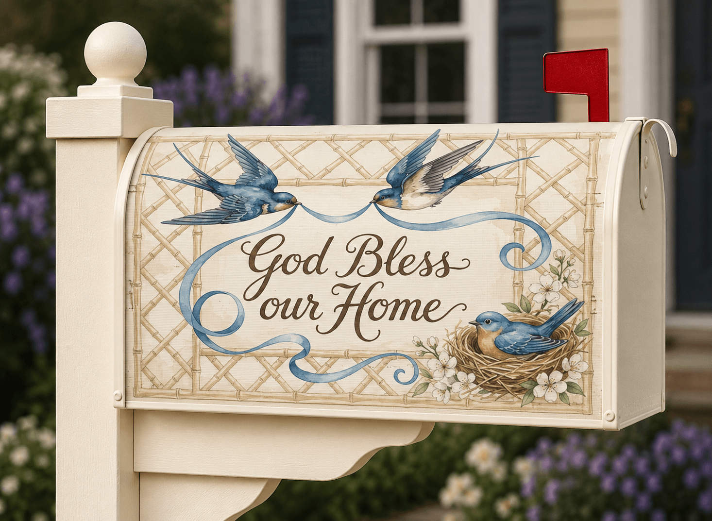 Holy Smoak Studios God Bless Our Home bluebird garden magnetic mailbox cover on white mailbox, wholesale