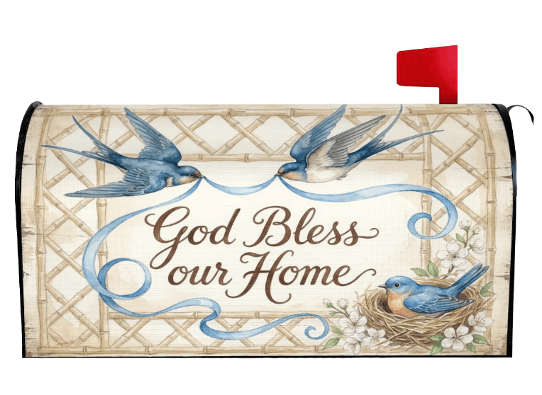 God Bless Our Home bluebird nest floral mailbox cover right view, Holy Smoak Studios wholesale Christian décor