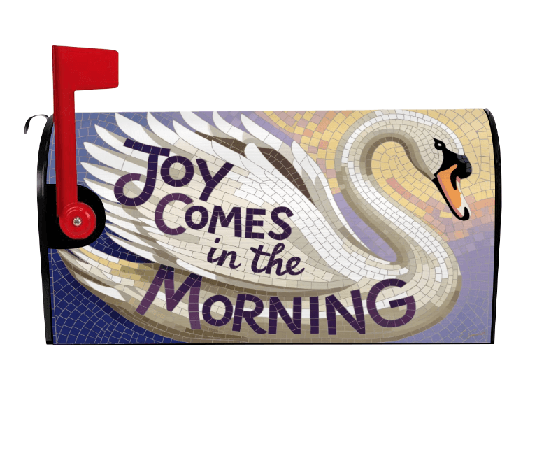 Joy Comes in the Morning swan garden mailbox cover left view, Holy Smoak Studios wholesale Christian décor
