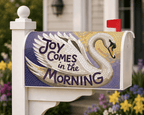 Holy Smoak Studios Joy Comes in the Morning swan inspirational magnetic mailbox cover on white post, wholesale