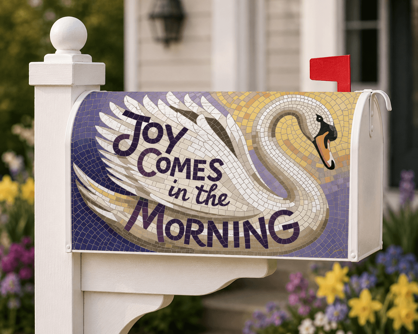Holy Smoak Studios Joy Comes in the Morning swan inspirational magnetic mailbox cover on white post, wholesale