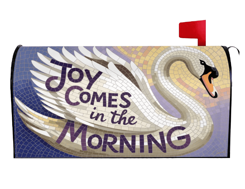 Joy Comes in the Morning colorful swan mailbox cover right view, Holy Smoak Studios wholesale