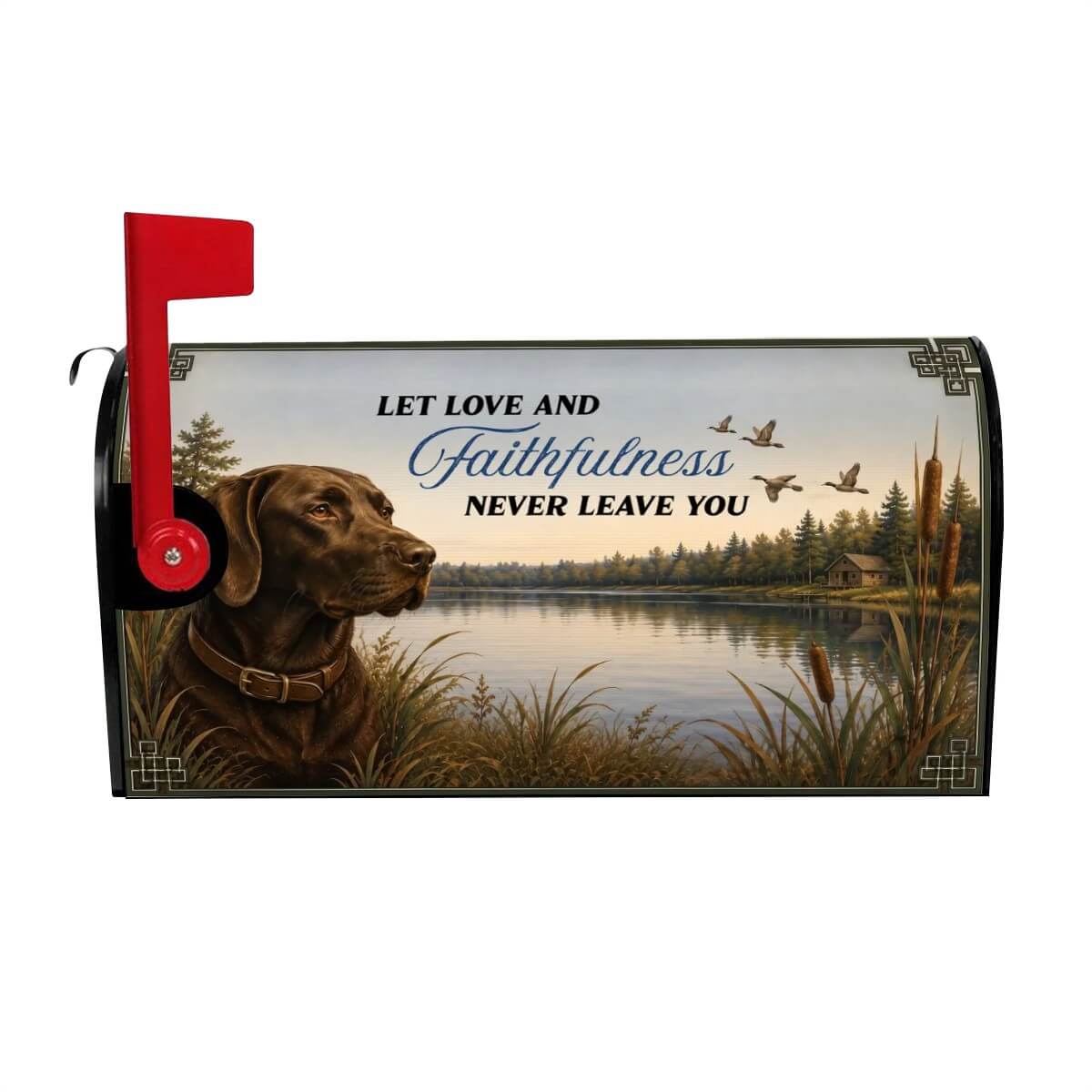 Let Love and Faithfulness Never Leave You chocolate lab lake house mailbox cover left view, Holy Smoak Studios