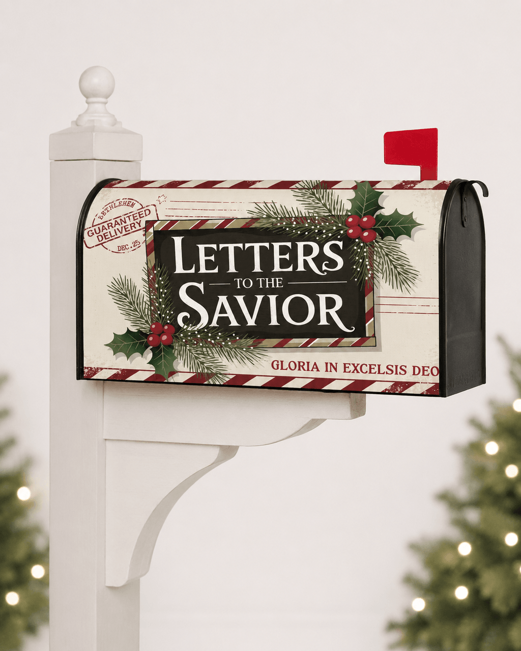 Holy Smoak Studios Letters to the Savior vintage Christmas magnetic mailbox cover on black mailbox, wholesale
