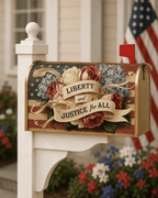 Holy Smoak Studios Liberty and Justice for All patriotic mailbox cover on mailbox post, wholesale Christian décor