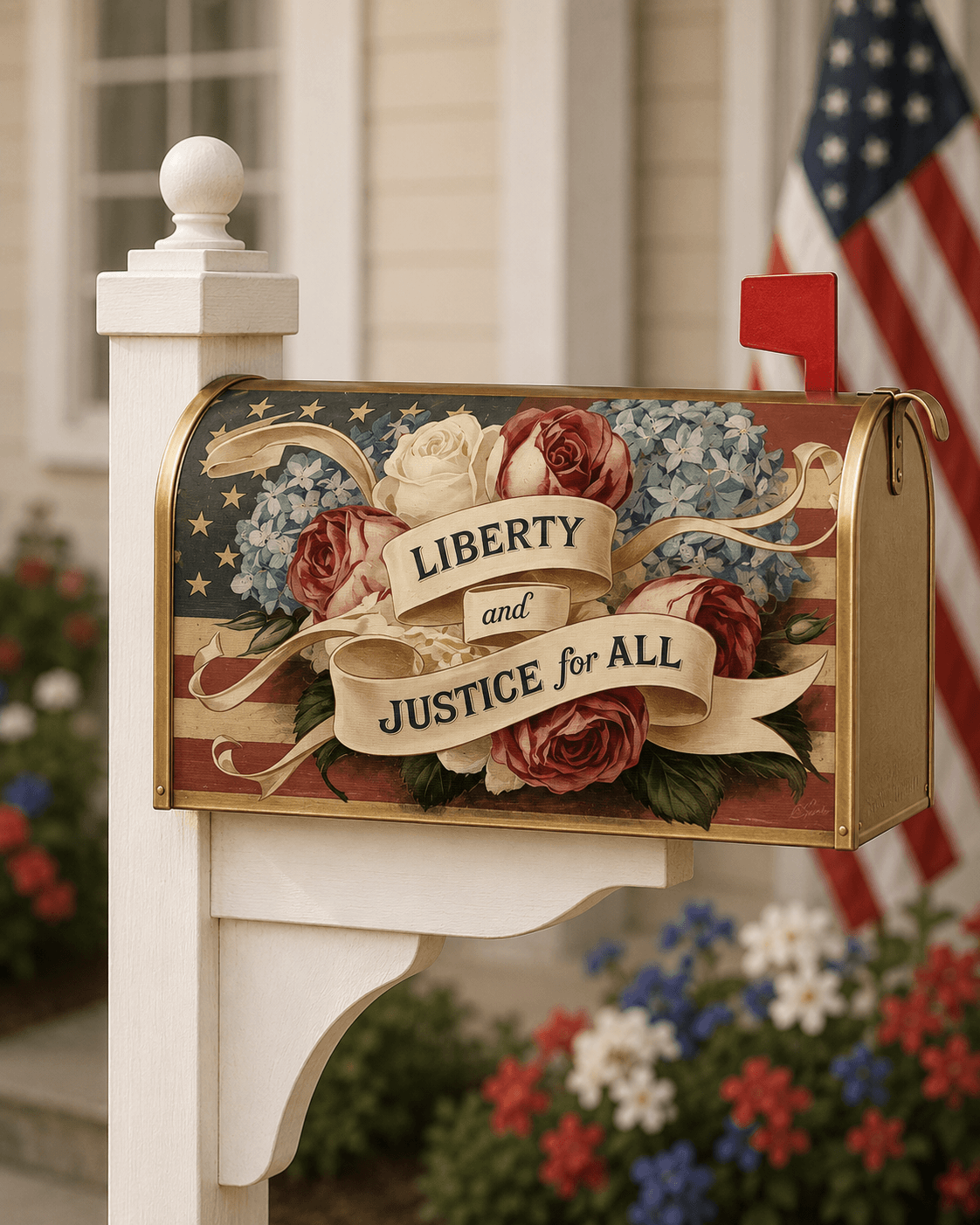 Holy Smoak Studios Liberty and Justice for All patriotic mailbox cover on mailbox post, wholesale Christian décor
