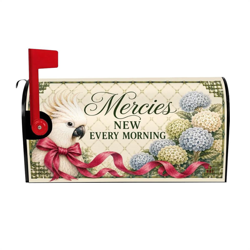Mercies New Every Morning chinoiserie cockatoo hydrangea mailbox cover left view, Holy Smoak Studios wholesale