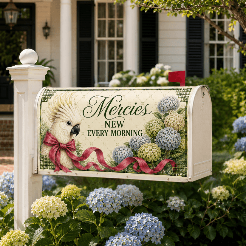Holy Smoak Studios Mercies New Every Morning grandmillennial floral mailbox cover on home exterior, wholesale