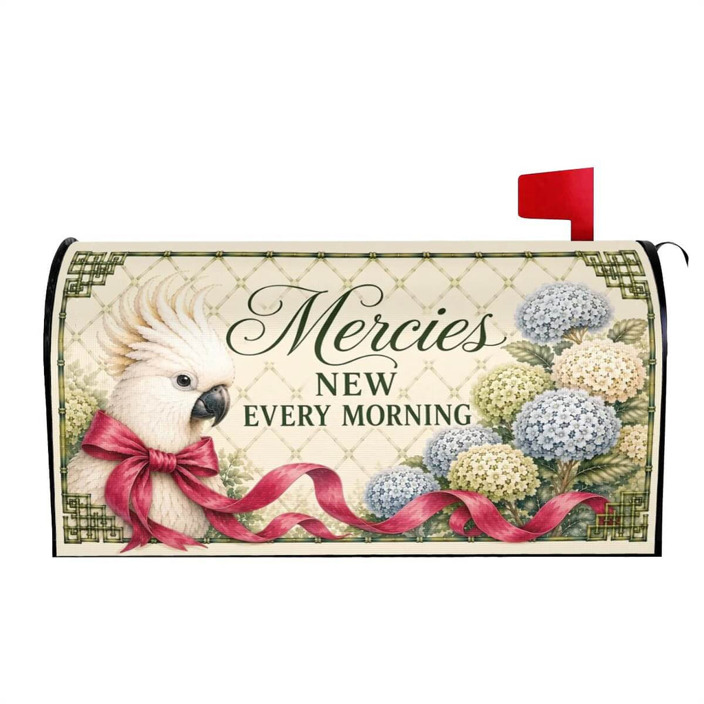 Mercies New Every Morning chinoiserie mailbox cover right view, Holy Smoak Studios wholesale Christian décor