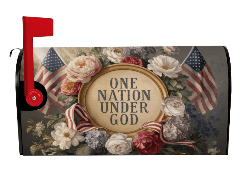 One Nation Under God patriotic floral magnetic mailbox cover left view, Holy Smoak Studios wholesale