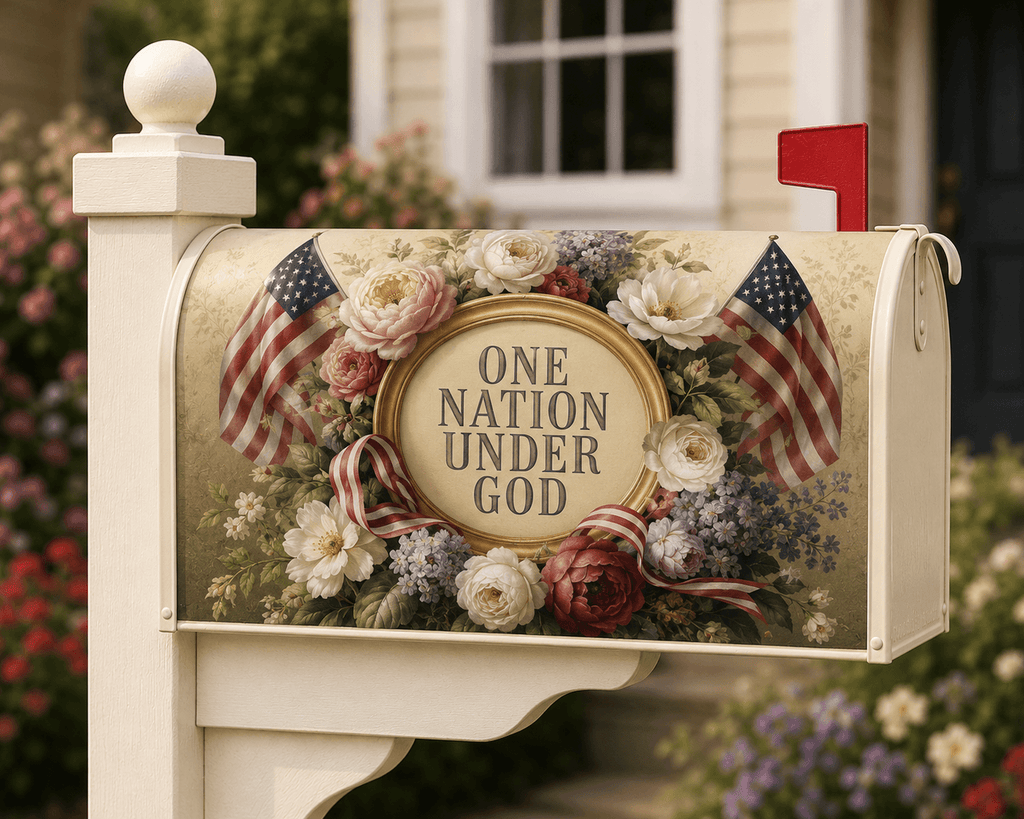 Holy Smoak Studios One Nation Under God patriotic magnetic mailbox cover on mailbox post, wholesale Christian décor