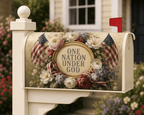 Holy Smoak Studios One Nation Under God patriotic magnetic mailbox cover on mailbox post, wholesale Christian décor