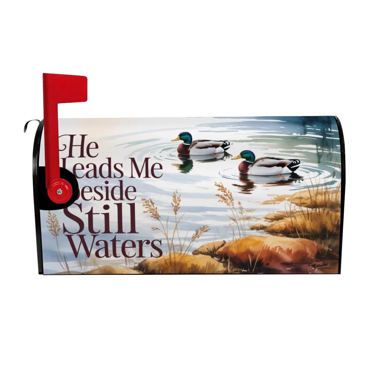 He Leads Me Beside Still Waters duck marsh mailbox cover left view, Holy Smoak Studios wholesale