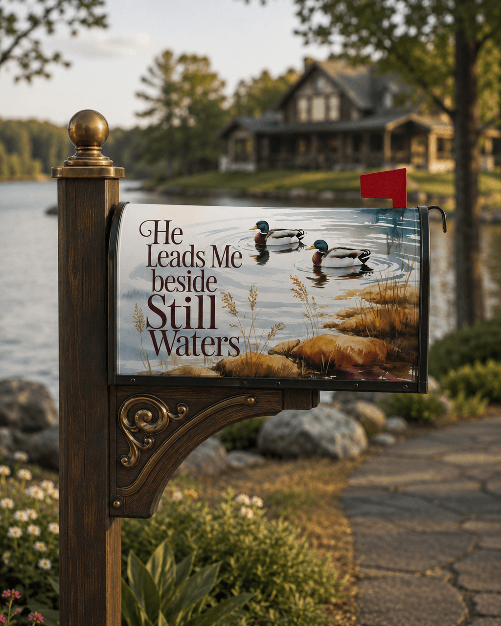 Holy Smoak Studios He Leads Me Beside Still Waters waterfowl magnetic mailbox cover on gold post, wholesale