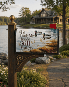 Holy Smoak Studios He Leads Me Beside Still Waters waterfowl magnetic mailbox cover on gold post, wholesale
