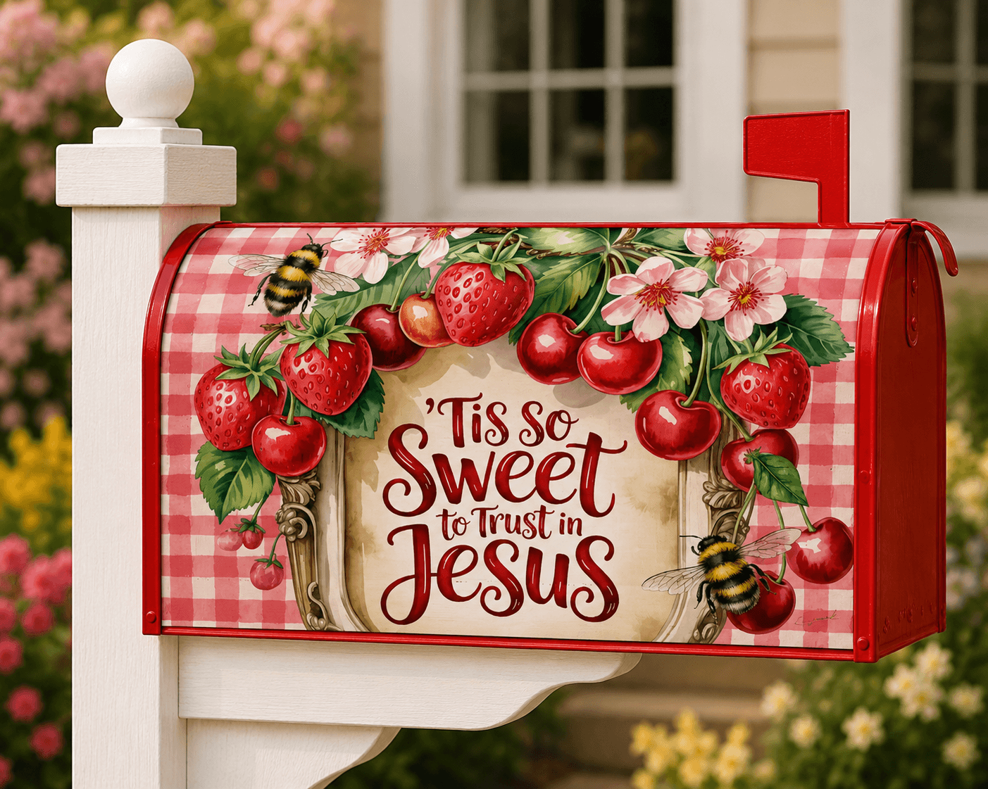 Holy Smoak Studios Tis So Sweet to Trust in Jesus cherry and bee design magnetic mailbox cover display, wholesale