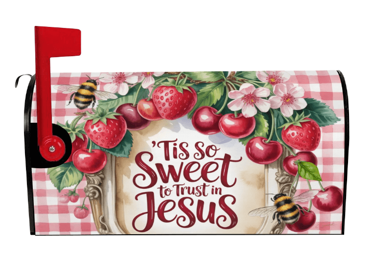 Tis So Sweet to Trust in Jesus cherry gingham cottagecore mailbox cover left view, Holy Smoak Studios wholesale