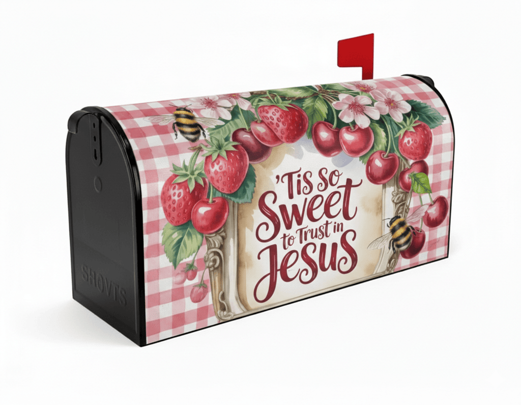 Holy Smoak Studios Tis So Sweet to Trust in Jesus strawberry cherry mailbox cover on black mailbox, wholesale