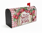 Holy Smoak Studios Tis So Sweet to Trust in Jesus strawberry cherry mailbox cover on black mailbox, wholesale