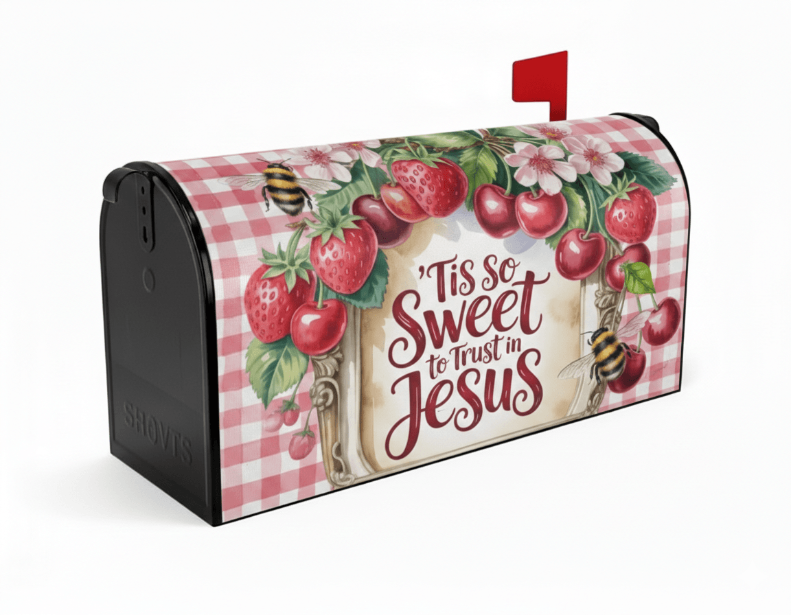 Holy Smoak Studios Tis So Sweet to Trust in Jesus strawberry cherry mailbox cover on black mailbox, wholesale