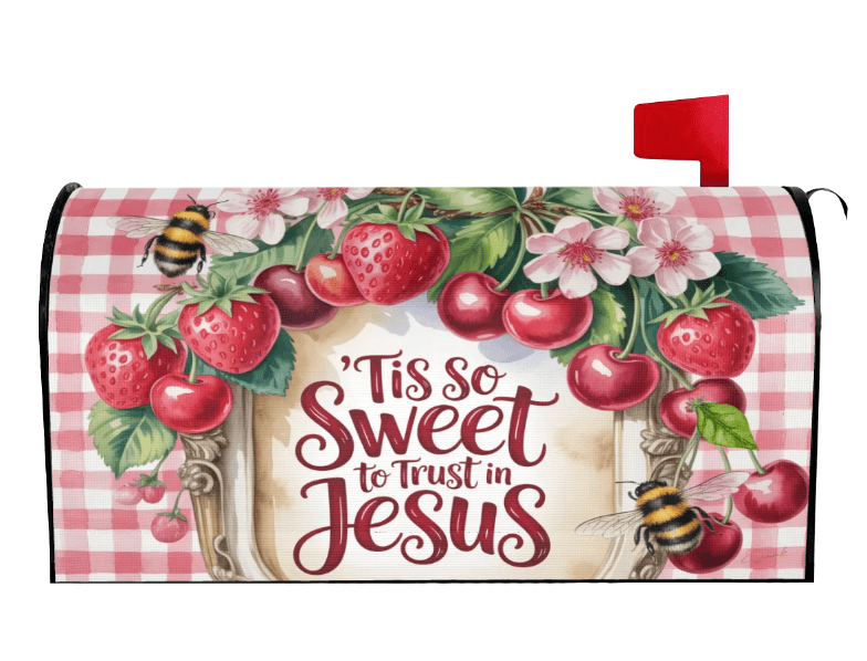 Tis So Sweet to Trust in Jesus farmhouse cottagecore mailbox cover right view, Holy Smoak Studios wholesale
