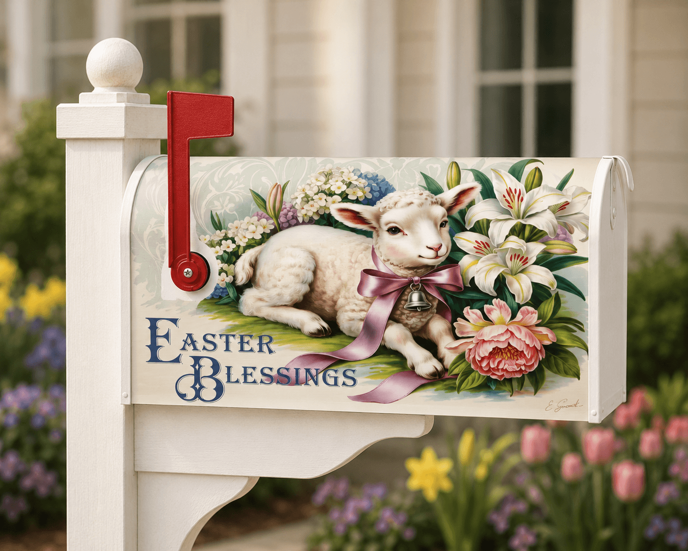 Holy Smoak Studios Easter Blessings lamb and lily design mailbox cover display, wholesale Christian décor