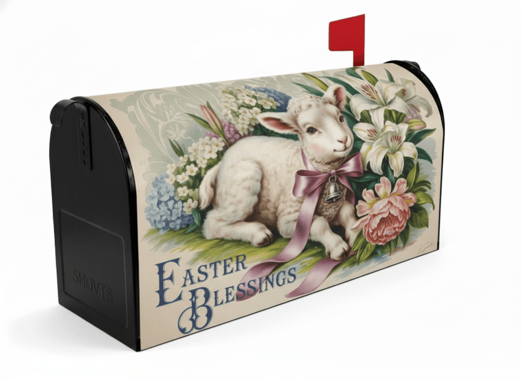 Holy Smoak Studios Easter Blessings spring lamb pastel magnetic mailbox cover on black mailbox, wholesale