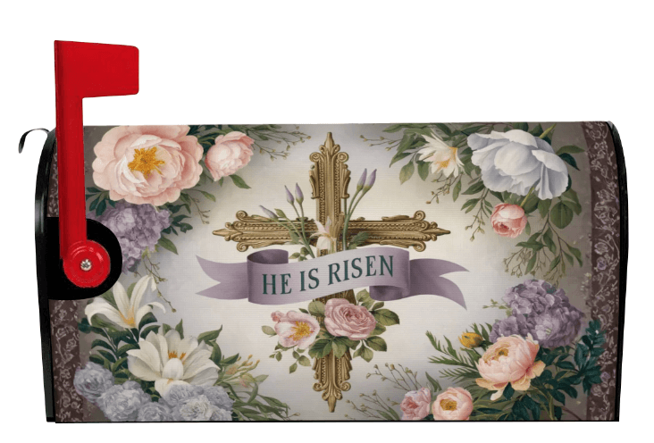 He Is Risen Easter floral cross mailbox cover left view, Holy Smoak Studios wholesale