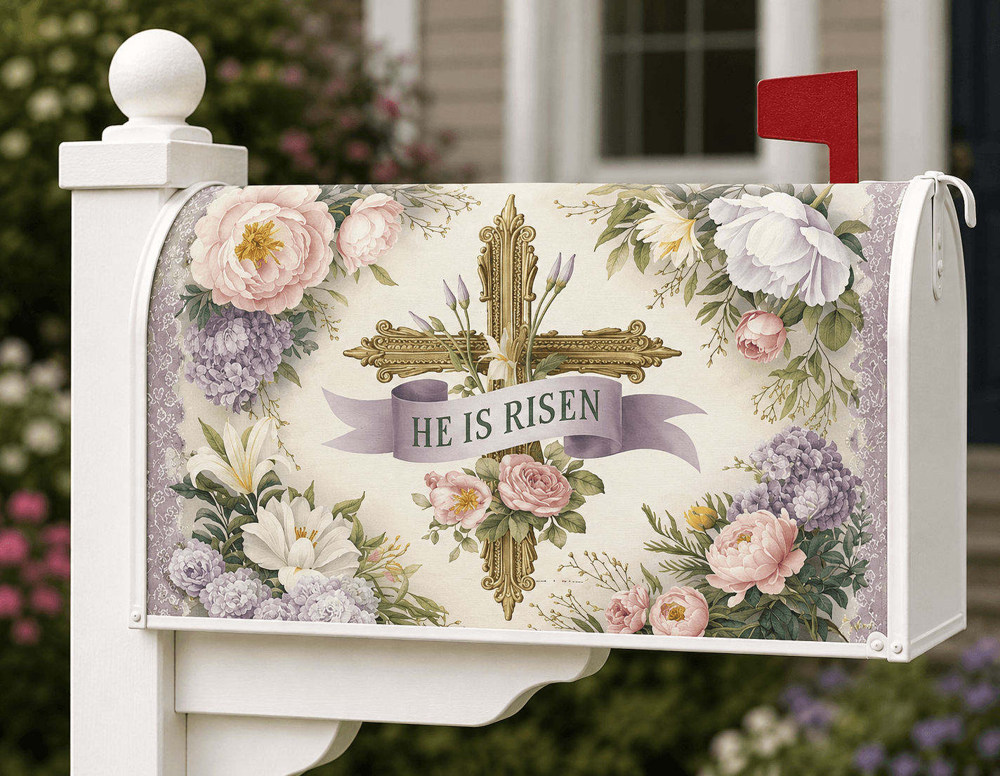 Holy Smoak Studios He Is Risen Easter floral cross magnetic mailbox cover on white mailbox, wholesale