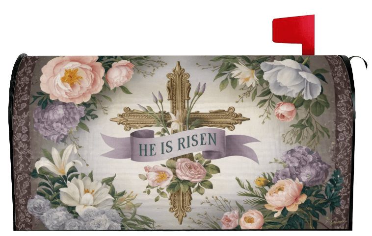 He Is Risen watercolor cross Easter mailbox cover right view, Holy Smoak Studios wholesale Christian décor