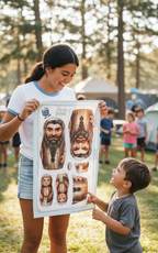 Mother and son holding David and Goliath cut and sew fabric panel, Holy Smoak Studios Parable Pockets wholesale product