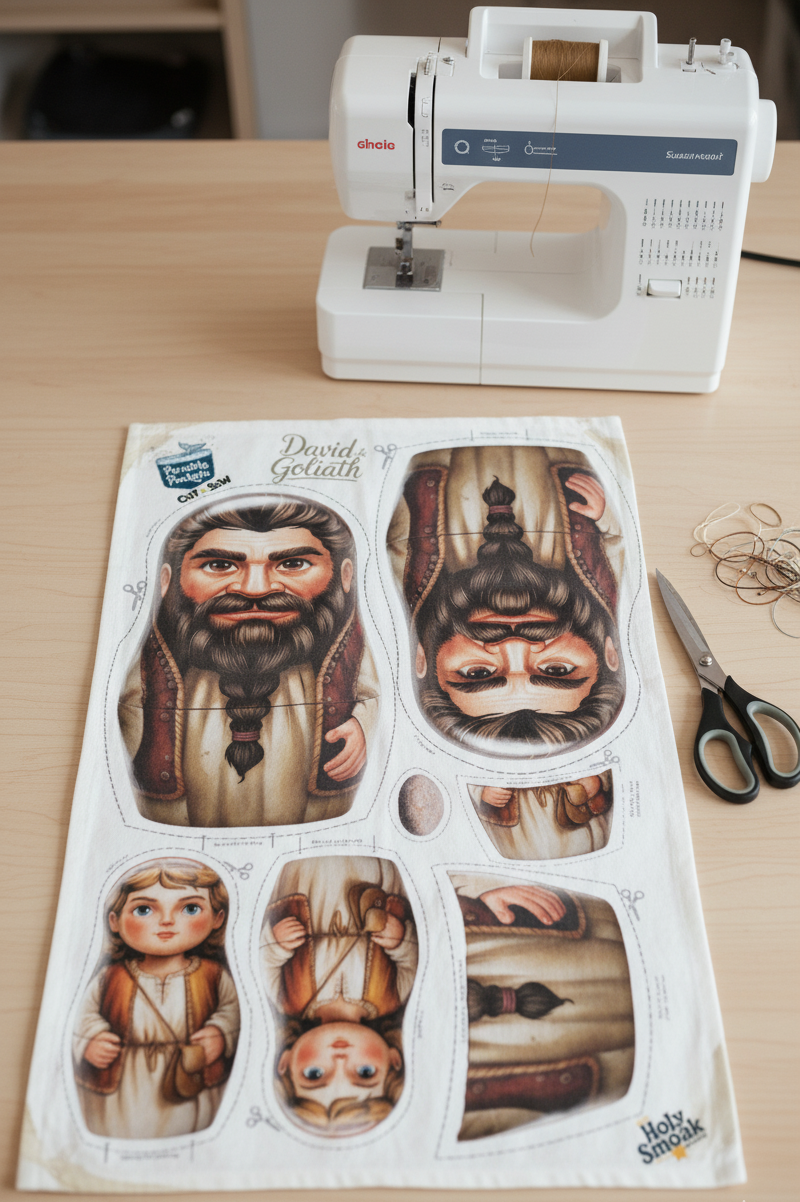 Sewing table featuring David and Goliath cut and sew fabric panel, Holy Smoak Studios Parable Pockets wholesale product