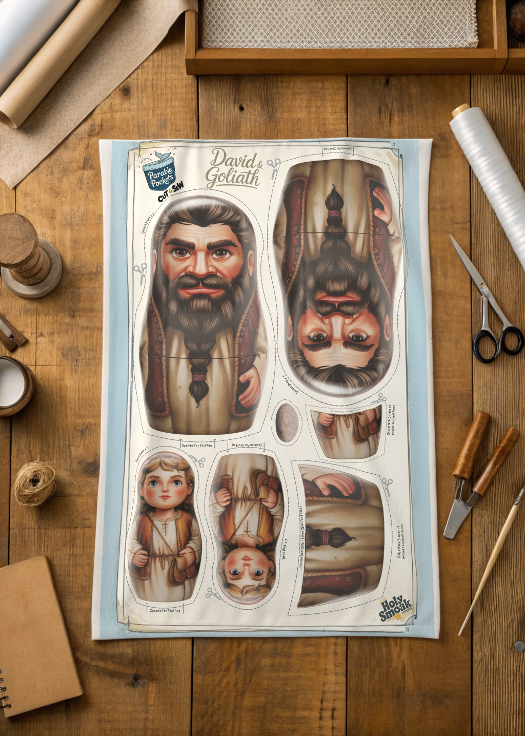An overhead view of a crafting table featuring David and Goliath cut and sew fabric panel, Holy Smoak Studios Parable Pockets wholesale product