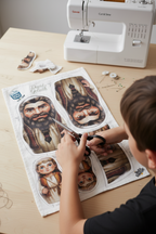 Child sitting at sewing table with David and Goliath cut and sew fabric panel, Holy Smoak Studios Parable Pockets wholesale product