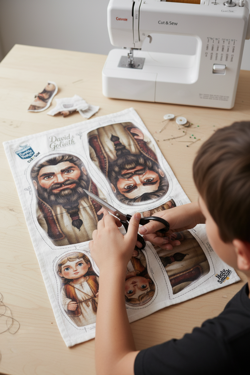 Child sitting at sewing table with David and Goliath cut and sew fabric panel, Holy Smoak Studios Parable Pockets wholesale product