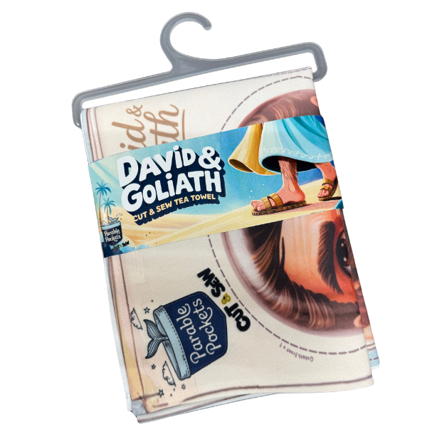 Holy Smoak Studios David and Goliath cut and sew panel on retail hanger display, wholesale faith-based Christian product