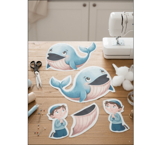Cut pieces of Jonah and the Whale fabric panel with sewing supplies, Holy Smoak Studios Parable Pockets wholesale product