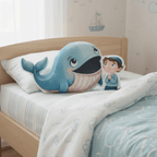 Finished Jonah and the Whale pillow on bed, Holy Smoak Studios Parable Pockets wholesale faith-based product