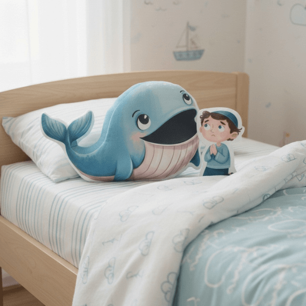 Finished Jonah and the Whale pillow on bed, Holy Smoak Studios Parable Pockets wholesale faith-based product