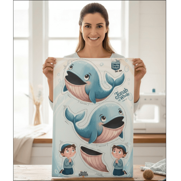 Woman holding finished Jonah and the Whale cut and sew panel, Holy Smoak Studios wholesale Christian product