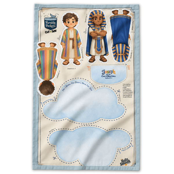 Holy Smoak Studios Joseph and his colorful coat cut and sew fabric panel with character cutouts, wholesale Christian giftware