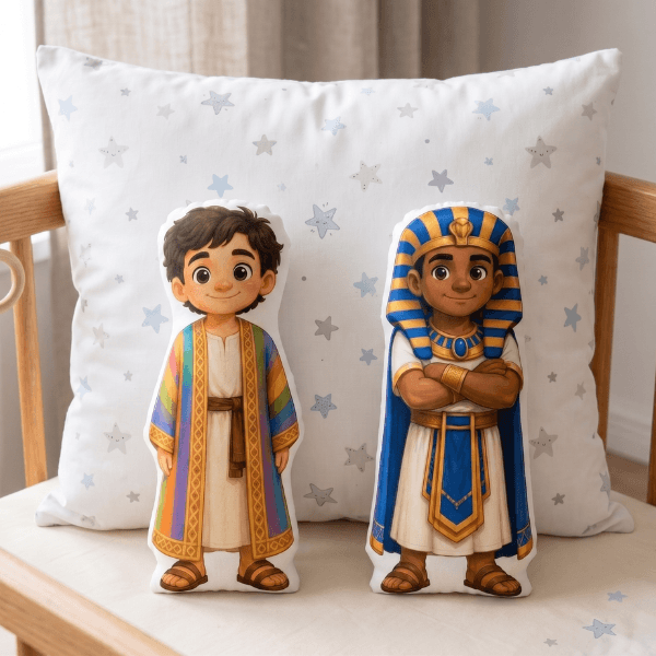 Finished Joseph and Pharaoh pillow figures displayed on chair, Holy Smoak Studios Parable Pockets wholesale faith-based product