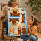 Woman and child holding finished Noah's Ark cut and sew panel with rainbow design, Holy Smoak Studios wholesale faith-based product