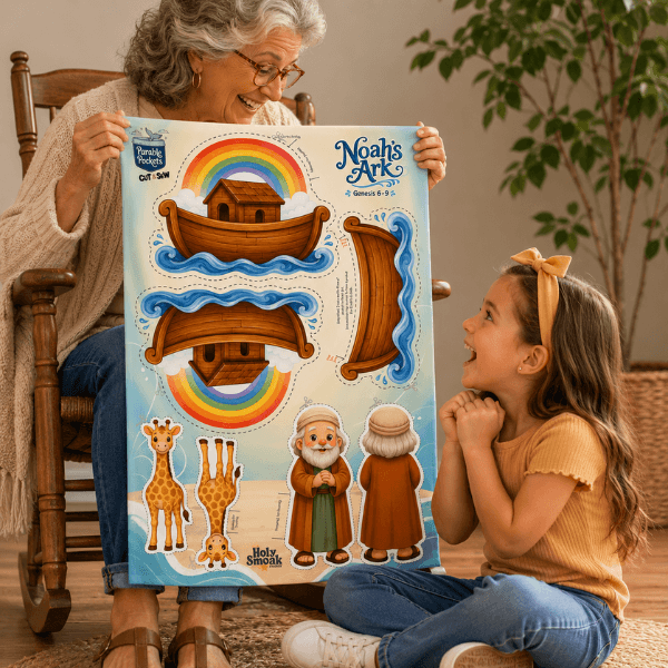 Woman and child holding finished Noah's Ark cut and sew panel with rainbow design, Holy Smoak Studios wholesale faith-based product