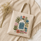 Agua Santa Canvas Tote Bag flat lay image with natural color blanket, Holy Smoak Studios wholesale faith-based retail product