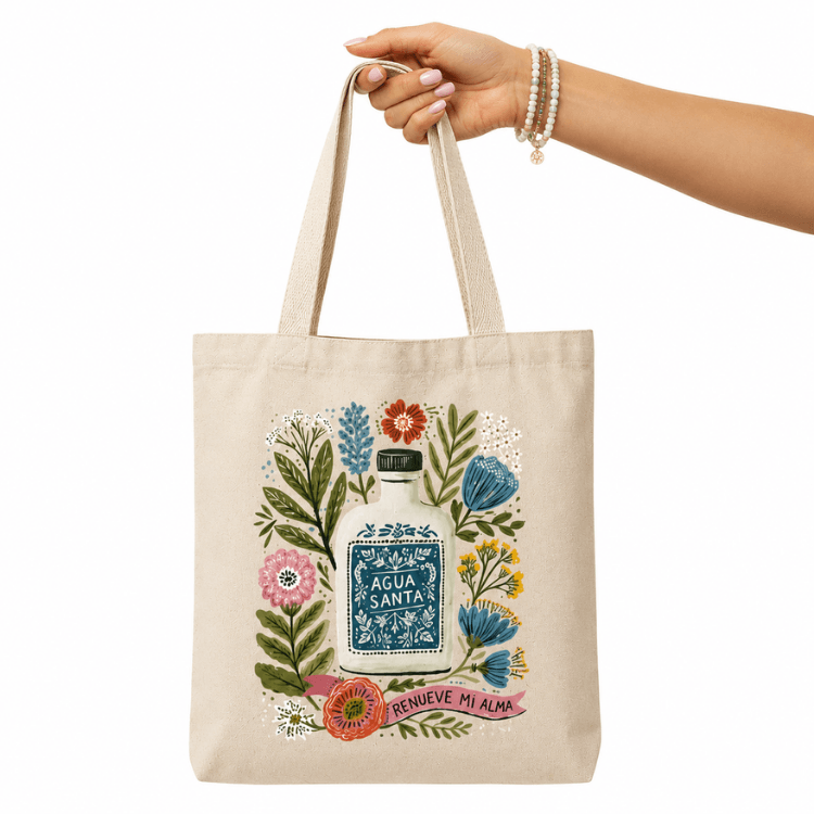 Agua Santa Canvas Tote Bag carried, Holy Smoak Studios wholesale faith-based retail product