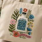 Agua Santa Canvas Tote Bag close up lifestyle shot of design, Holy Smoak Studios wholesale Christian gift shop tote bag