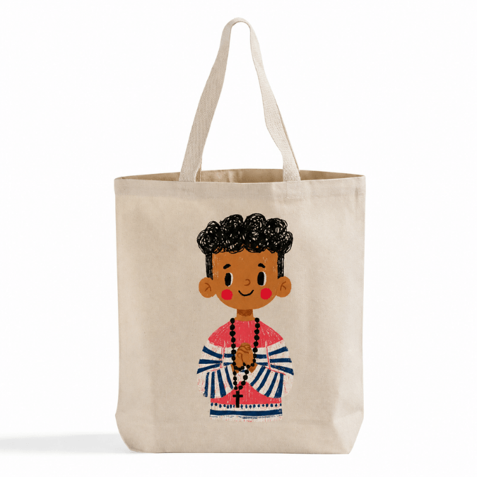 Holy Smoak Studios First Holy Communion Boy Tote Bag Dark Skin Tone, wholesale Catholic faith tote bag, 12 oz cotton canvas